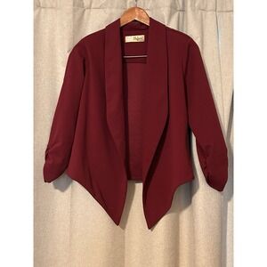 Hybrid Casual Blazer Open Front Ruched Sleeves, Wine, Size Large, 3/4 Sleeve